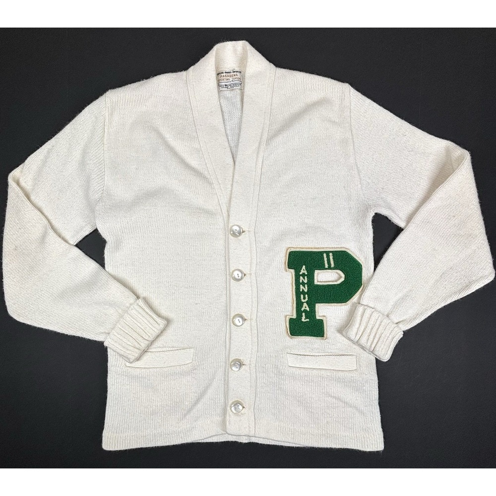 VTG 1970s Varsity Letterman Cardigan White Knit Award Sweater Pasadena Patch EUC
